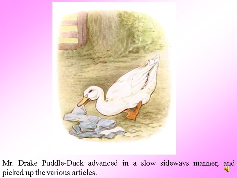 Mr. Drake Puddle-Duck advanced in a slow sideways manner, and picked up the various